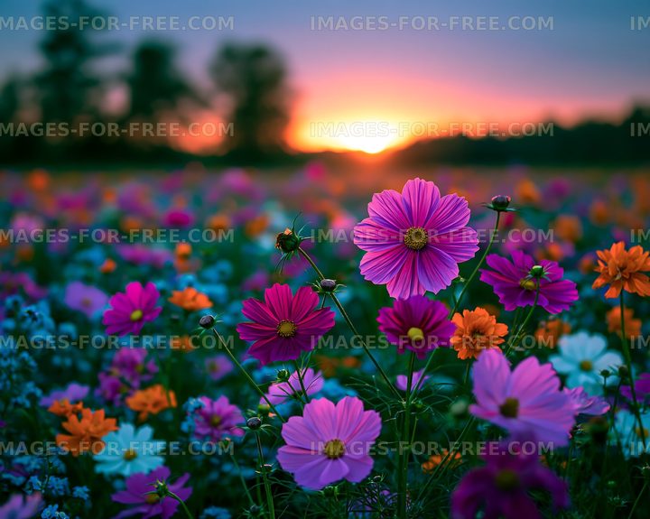 Colorful flowers in a field during sunset