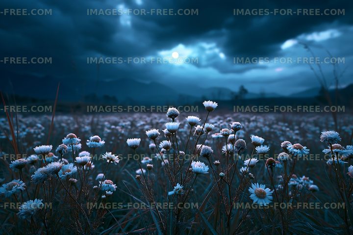 Flowers in a field under a dark sky at dusk