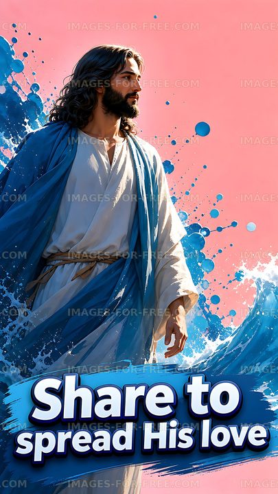 Man in blue robe standing by vibrant waves with splash design