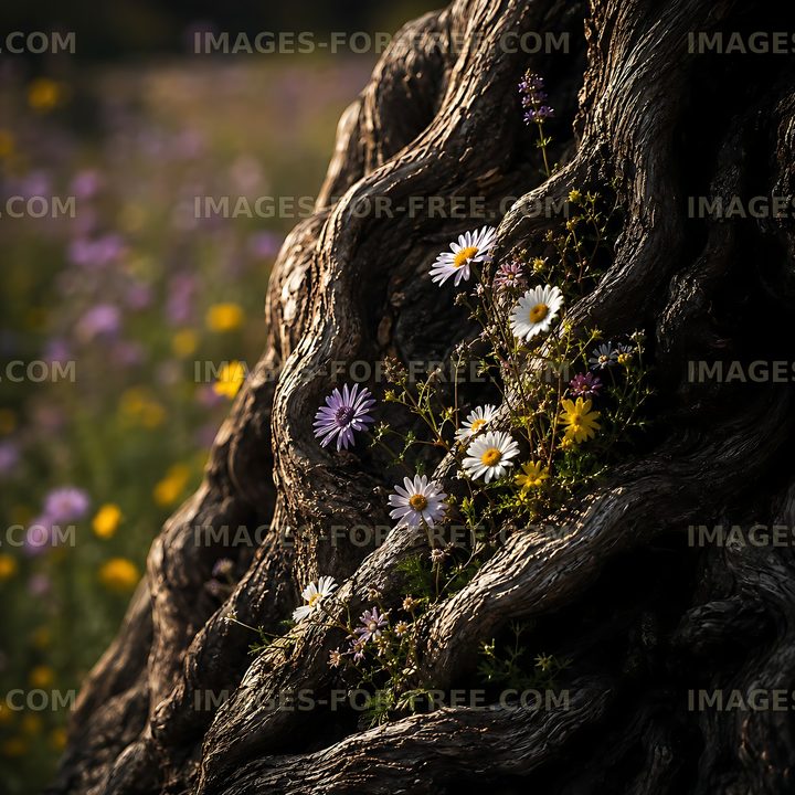 Flowers growing from a twisted tree trunk in a meadow