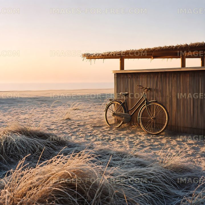 Bicycle parked near beach hut at sunset on sandy shore