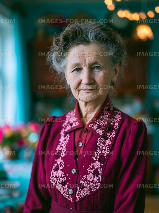 Elderly woman in traditional dress standing in cozy interior