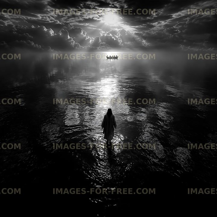 Figure walking in water with boat on horizon at sunset