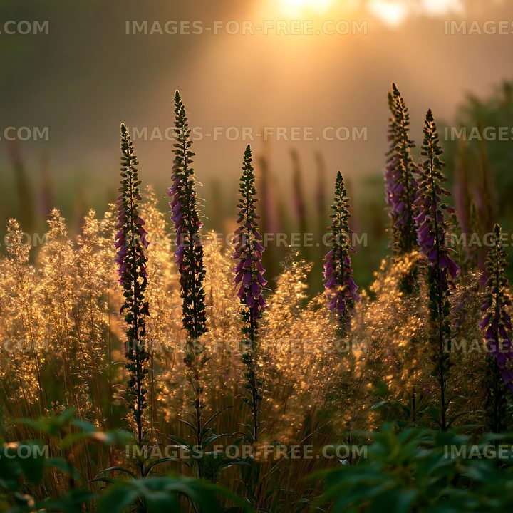 Golden hour light shines on wildflowers in a meadow