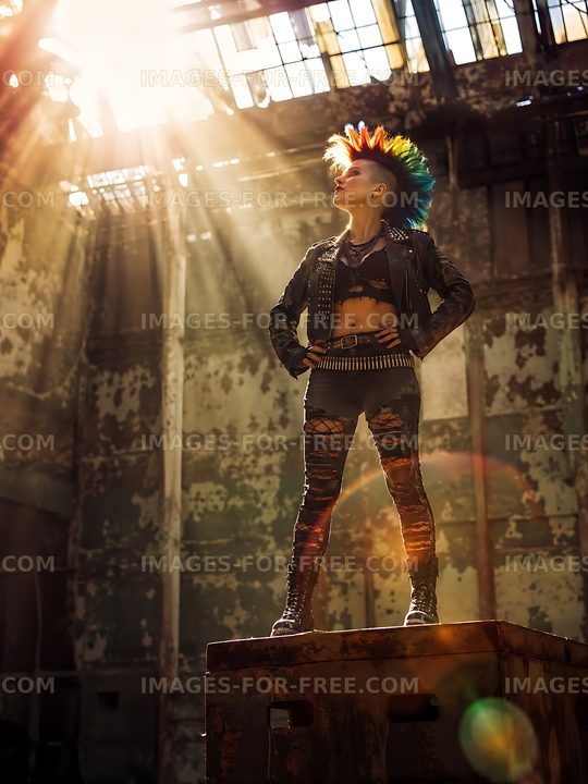 Punk youth poses confidently in abandoned warehouse