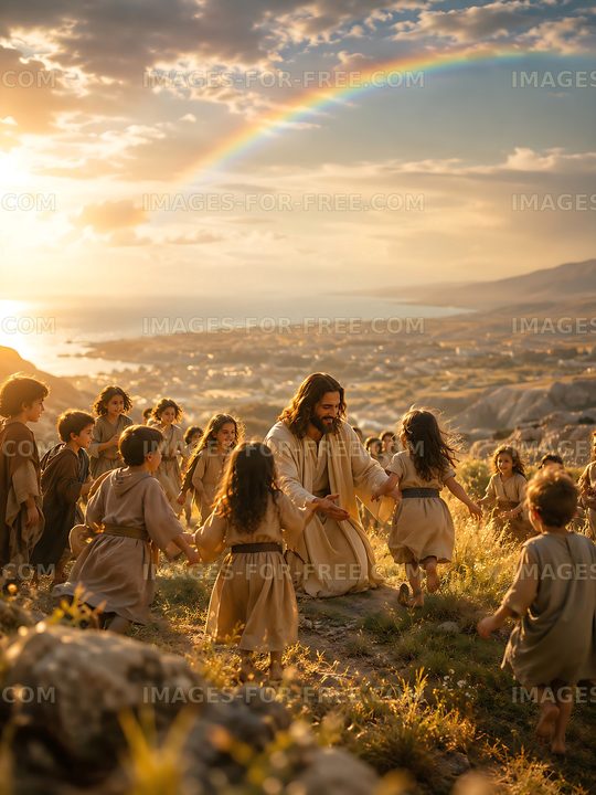 Children playing around a figure in a landscape at sunset