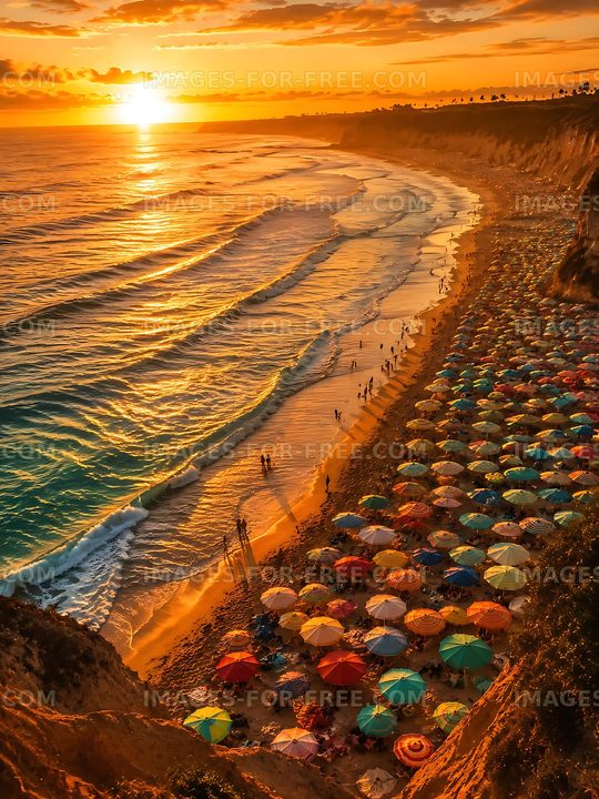 Beach scene with colorful umbrellas and sunset over ocean