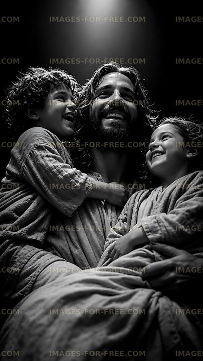 Man with children smiling in dark background