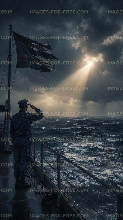 Soldier saluting at sea under dark clouds and sunlight