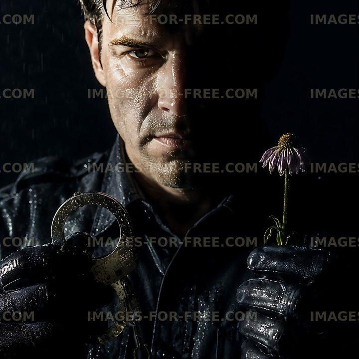 Man holding handcuffs and a flower in dark environment