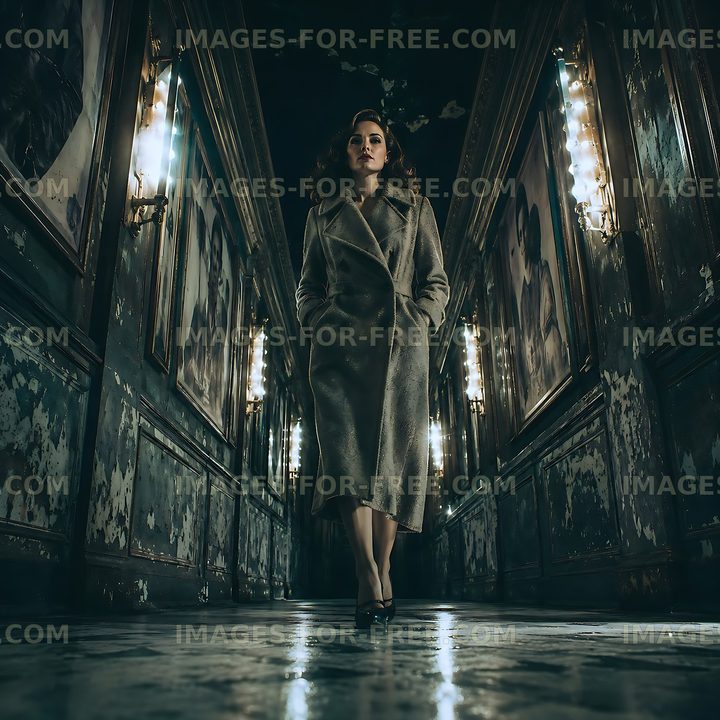 Woman walking in a dark hallway with vintage portraits on walls