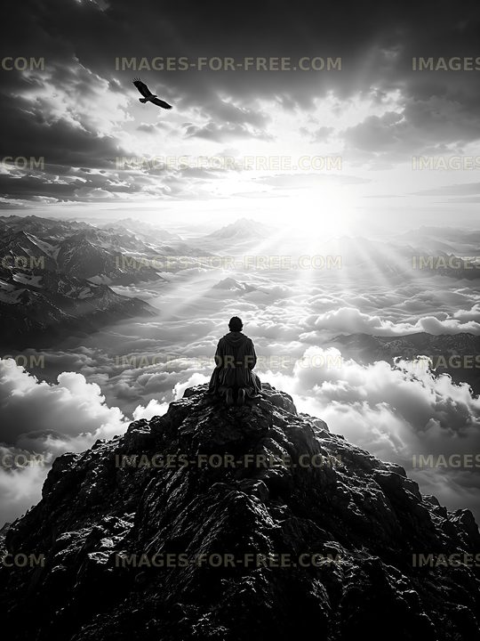Man sitting on a mountain peak looking at a cloudy landscape