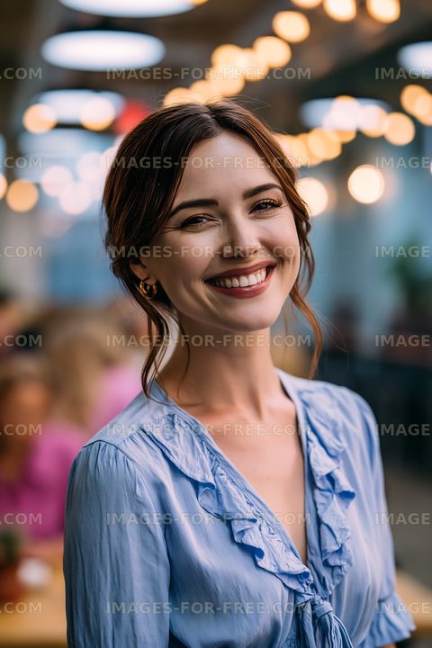 Young woman smiling in a cafe with warm light decor