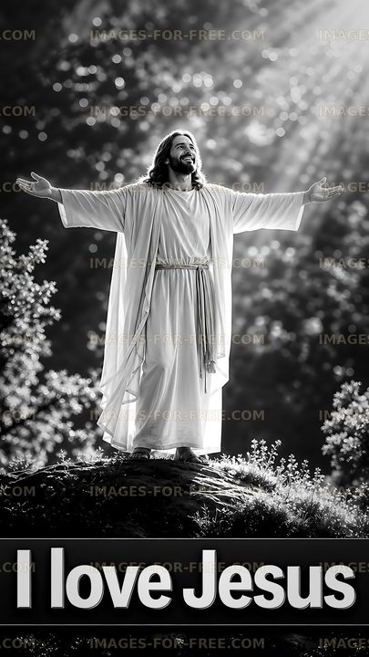 Jesus standing with arms open in forest setting
