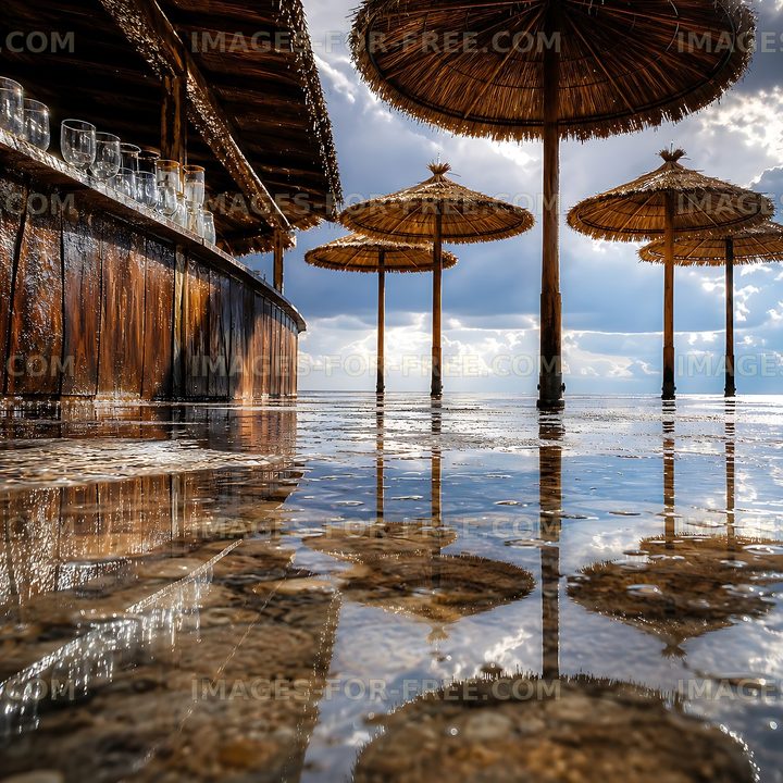 Beach umbrellas reflecting in calm water
