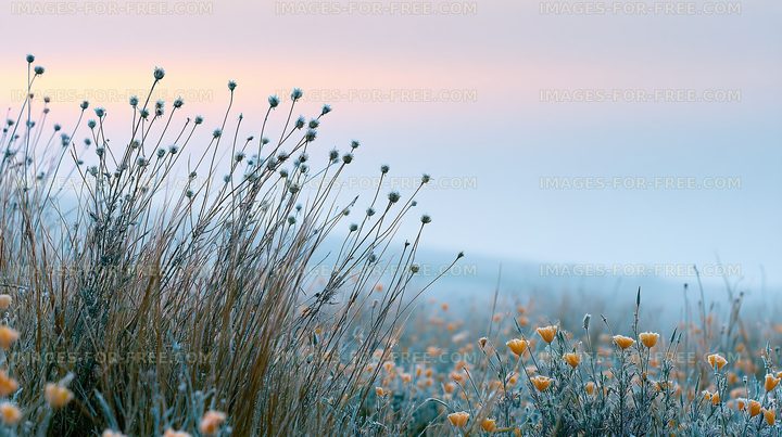 Morning frost covers flowers in a field at dawn