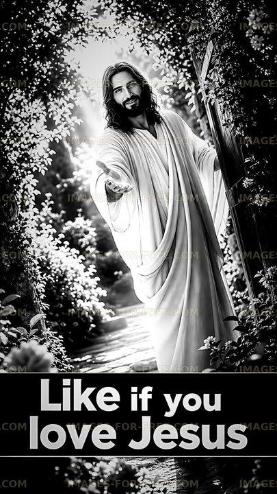Jesus standing by a garden path inviting followers