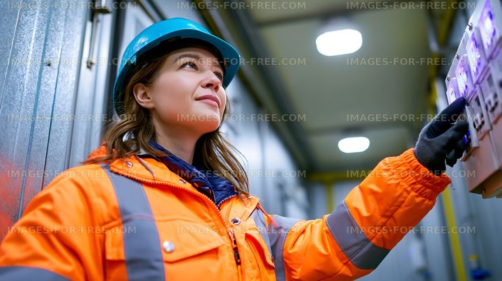 Woman wearing safety gear operating machinery in factory