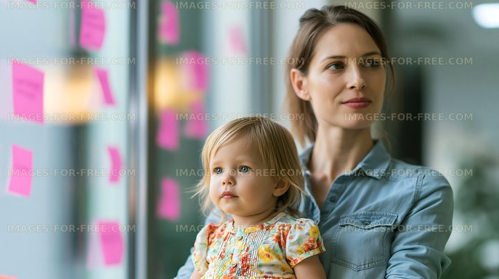 Mother holds child near colorful sticky notes on a window