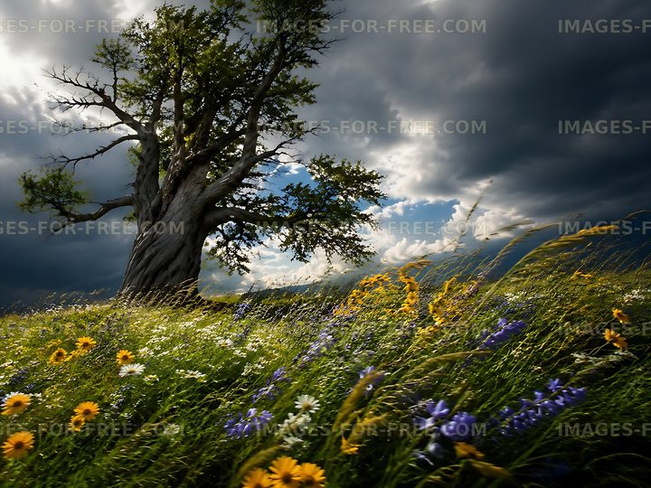 Tree in a field with flowers under a cloudy sky