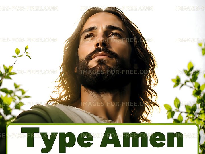 Man with long hair and beard looking up among green foliage
