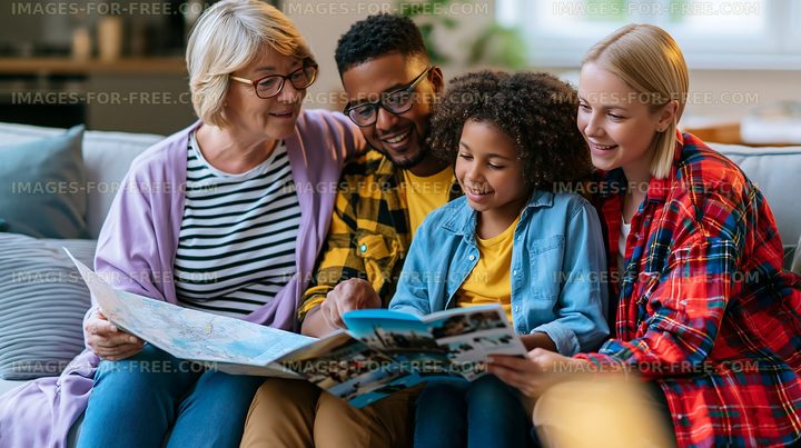 Family enjoying time together while reading a travel guide