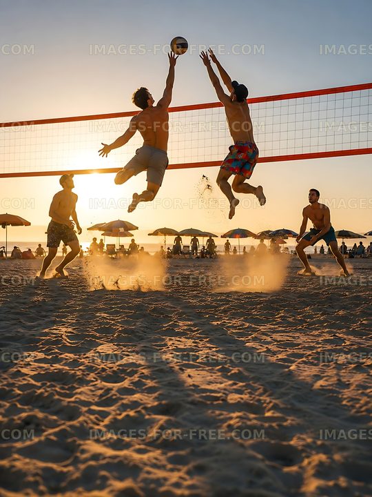 Men playing beach volleyball during sunset at the coast
