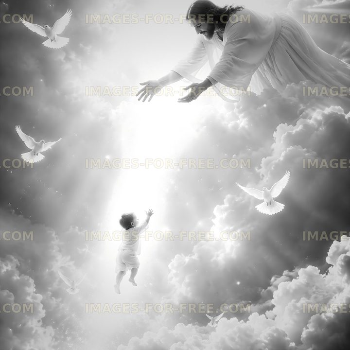 Jesus reaching out to a child in a heavenly scene