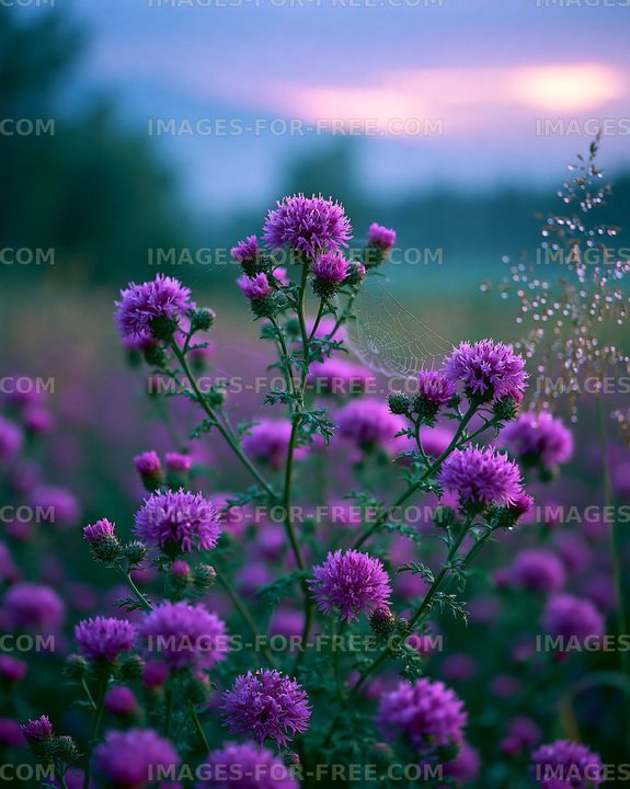 Purple wildflowers with morning dew at sunrise