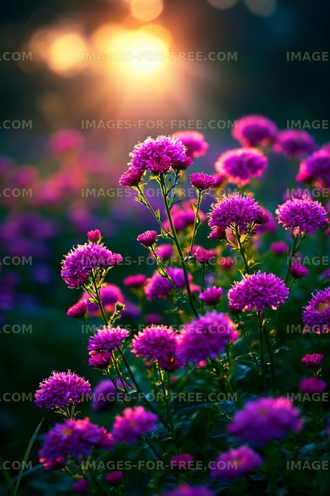 Purple flowers blooming in garden at sunset
