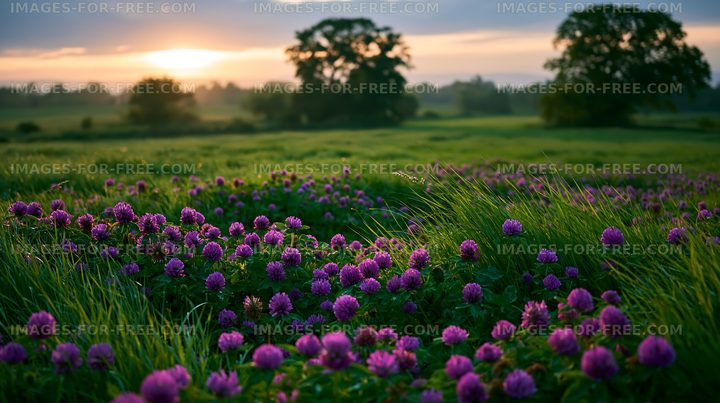 Sunset over a flower field with purple blooms and trees