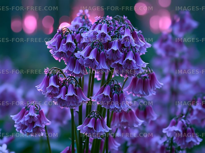 Purple flowers blooming in a garden at dusk