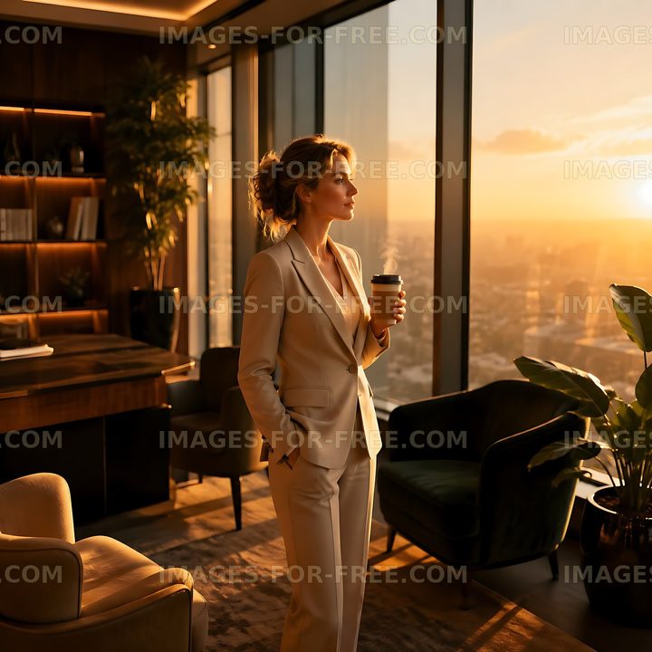Businesswoman enjoying morning coffee with city view