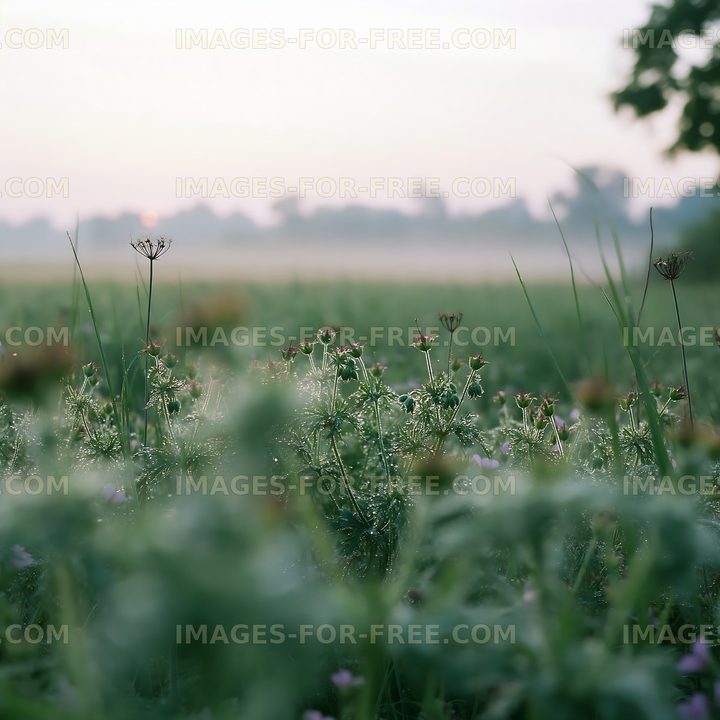 Morning dew on a field with wildflowers and fading sunlight