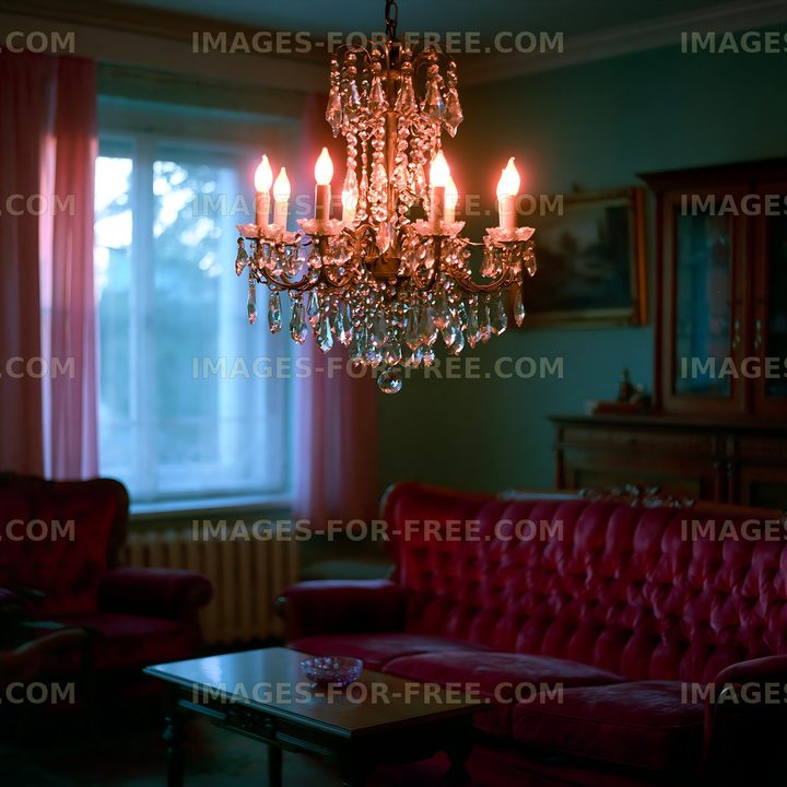 Chandelier hanging in a vintage living room with red sofa