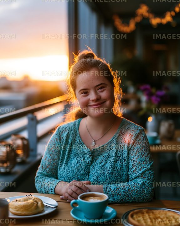 Smiling young woman at cafe during sunset