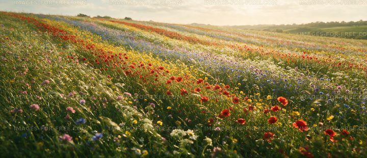 Colorful wildflower field at sunset in spring season