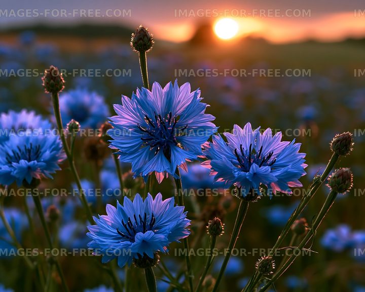 Blue flowers at sunset in a field