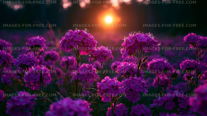 Sunset over a field of blooming purple flowers