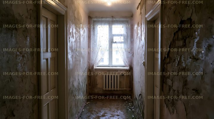 Abandoned hallway with peeling walls and dirty floor