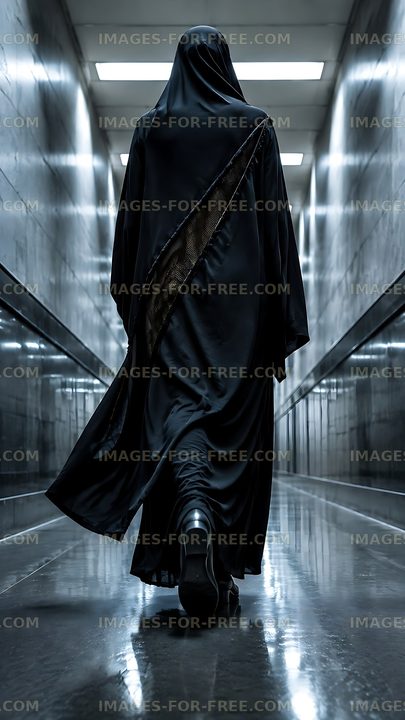 Person walking in hallway wearing black robe
