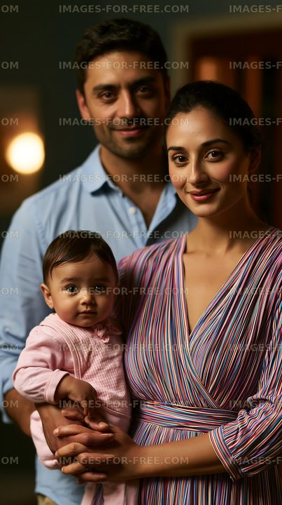 Family portrait with parents holding baby indoors