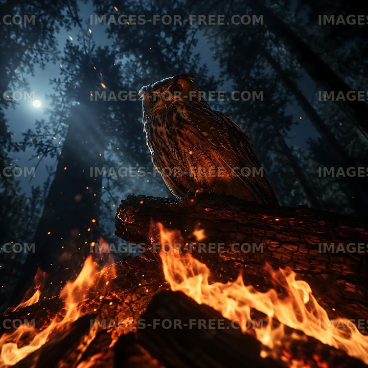 Owl perched near a campfire in a dark forest at night