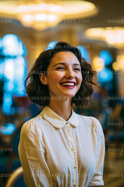 Woman smiling in a bright indoor setting