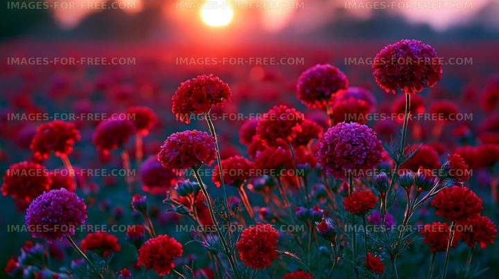 Sunset over a field of vibrant red flowers