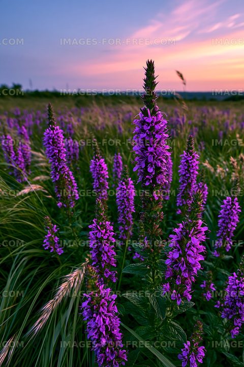 Purple flowers in a sunset field