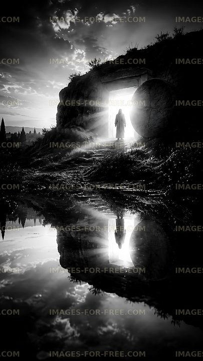 Person standing in doorway of tomb at sunrise