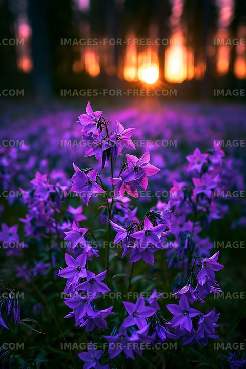 Purple flowers bloom at sunset in the forest