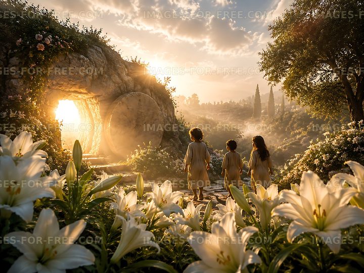 Children walking towards a light in a flower-filled landscape