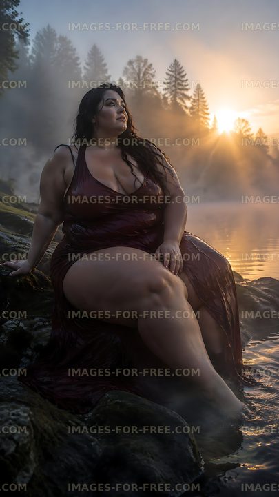 Woman sitting on rocks by the water at sunrise